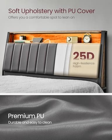 VASAGLE LED Bed Frame Queen Size, Storage Headboard and Charging Station, Queen Bed Frame with 2 AC Outlets, 1 USB Port, 1 Type-C Port, No Box Spring Needed, Dove Gray and Camel Brown URMB841G01 - Image 6