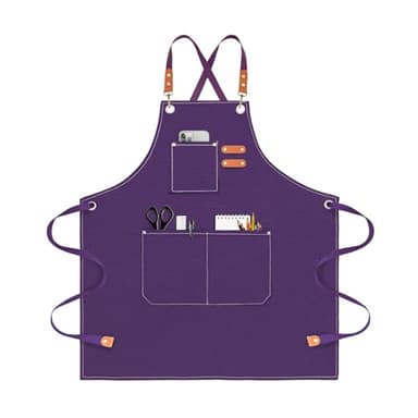 OUNLEN Chef Apron for Men Women Canvas Aprons with 3 Pockets Cross Back Resistant Work Apron for Cooking Grilling Baking BBQ Barber Kitchen (Purple) - Image 1