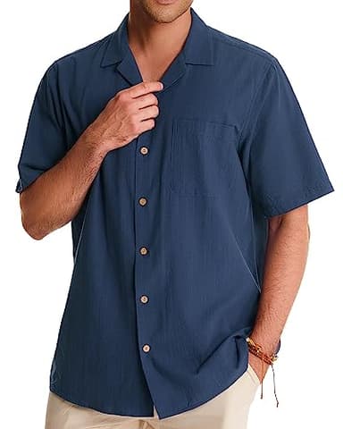 Alimens & Gentle Mens Linen Shirt Cuban Short Sleeve Button Down Shirts Cotton Summer Beach Shirts Vacation Hawaiian Shirts Navy Blue - Image 3