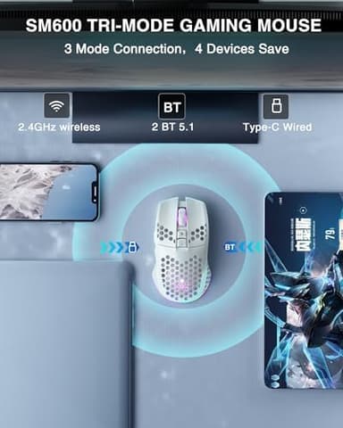 SOLAKAKA SM600 White Wireless Gaming Mouse,Tri-Modes BT5.1/Type-C Wired/2.4G Wireless Mouse with 2 Side Buttons, Programmable Macro Gamer Mouse with RGB Light for Laptop/PC/Mac - Image 5