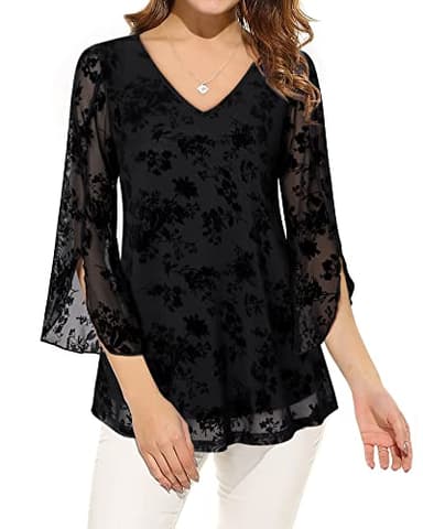 Bebonnie Womens Blouses and Tops Dressy, Bell Sleeve Tops for Women Spring Summer V Neck Business Casual Dress Shirts for Work Office Wear Sheer Swing Blouses Loose Fit Flowy Tunics Black Floral XL - Image 4