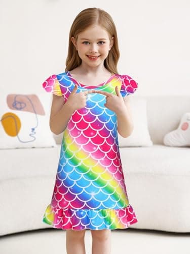 COTRIO Girls Nightgowns Toddler Nightgown Rainbow Pajamas Mermaid Princess Nightgown Sleep Nighties Flutter Sleeve Night Dress Size 6 (5-6 Years, Blue Colorful) - Image 4