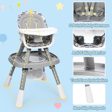 Xilingol 15-in-1 Convertible High Chair, 2-in-1 Baby Highchair & Activity Center W/Toys, Booster Seat | Building Block Table | Toddler Chair W/Removable Tray & 5-Point Harness & 2-Layer Cushion(Grey) - Image 6