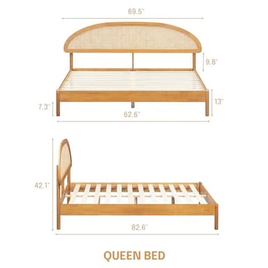 NTC Gem Wooden Bed Frame with Headboard and Natural Rattan, Solid Oak/Rubber Wood Foundation with Silent Slats, 1000 Lb Capacity, Effortless Assembly (Natural Cane - Rustic Oak, Queen) - Image 2