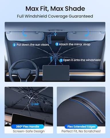 REEVAA 2025 Upgraded Car Windshield Sun Shade Umbrella [100% Sun Protection & Keep Cool] Protect Interior, 360° Flex Handle Sun Shield Sunshade, Medium (57''x32'') for Most SUV/Truck - Image 4