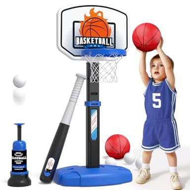 Wee Wonders 2 in 1 Toddler Basketball Hoop and T Ball Set with Automatic Pitching Machine - Adjustable Height, Kids Basketball Hoop Suit for Indoor/Outdoor, Sport Toys Gifts for Boys Age 3-5, Black - Image 1