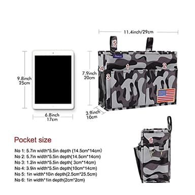Surblue Bedside Caddy Hanging Bed Organizer Storage Bag Pocket for Bunk and Hospital Beds, College Dorm Rooms Baby Bed Rails, Wheelchair Side Bag, Camp Chiars, 4 Pockets and 2 Hooks (Small City) - Image 5
