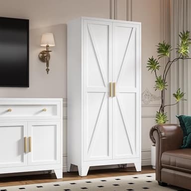 71" Tall Metal Storage Cabinet with 2 Doors and 4 Adjustable Shelves, 5-Tier Kitchen Pantry Storage Cabinet for Kitchen, Living Room, Dining Room and Office, White - Image 7