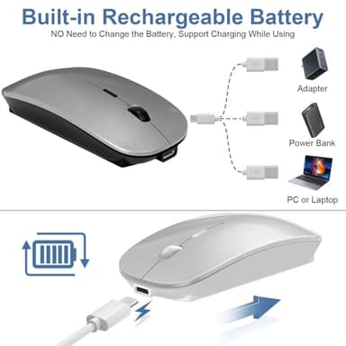 Kovess Mouse for Laptop Wireless Bluetooth - MacBook Air Mac Pro PC iPad Optical Rechargeable Silent Mouse with Jiggler Dual Mode Switch Bluetooth 5.2/3.0 and 2.4GHz USB-A and Type-C Receiver Silvery - Image 6