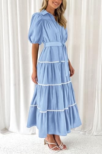 PRETTYGARDEN Women's Summer Button Down Shirt Dress Short Puffy Sleeve Tiered Ruffle Flowy Long Maxi Dresses (Light Blue,Medium) - Image 6