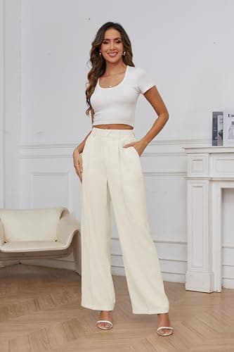 FUNYYZO Women Suit Pants Wide Leg Pants High Elastic Waisted in The Back Business Work Trousers Long Straight Beige - Image 5