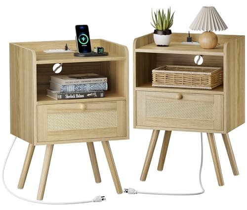 SUPERJARE Nightstands Set of 2, Night Stands with Charging Station & PE Rattan Decor Drawer, Bed Side Tables with Solid Wood Feet, End Table, for Bedroom, Living Room - Natural - Image 1