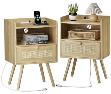 SUPERJARE Nightstands Set of 2, Night Stands with Charging Station & PE Rattan Decor Drawer, Bed Side Tables with Solid Wood Feet, End Table, for Bedroom, Living Room - Natural - Image 1