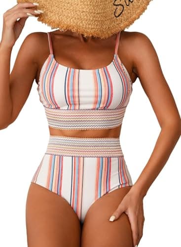 Herseas Women's Bikini Sets High Waisted Two Pieces Swimsuits White Stripe Padded Top Modest Bottom Bathing Suits Large - Image 1