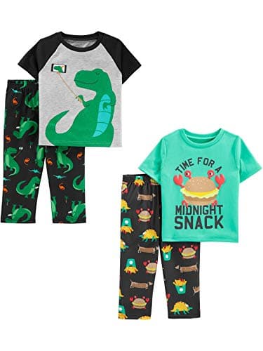 Simple Joys by Carter's Boys' 4-Piece Pajama Set (Short Sleeve Poly Top & Fleece Bottom), Grey/Green/Dinosaur/Fun Food, 5T - Image 1