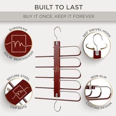 MORALVE Pants Hangers Space Saving - 2 Pack European Beechwood Scarf and Jean Hangers - Closet Organizer and Space Saver Pant Rack, Leggings Hanger, and Scarf Holder with 360° Swivel Hook - Image 2