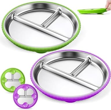 Stainless Steel Kids Plates with Suction, 2Pack 9" Divided Toddler Plates Removable Non Slip Silicone Sleeves Baby Feeding Led Weaning Supplies, BPA Free, Unbreakable Dishwasher Safe - Image 2