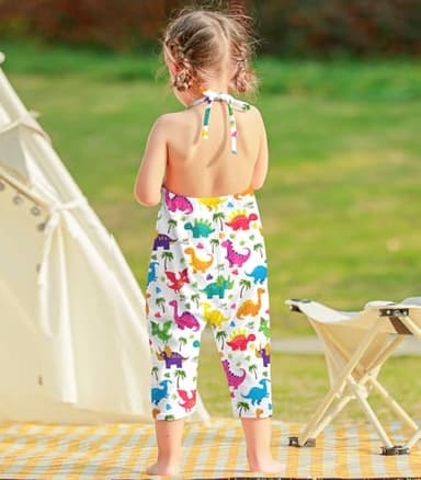 Lindanina Toddler Girl Jumpsuits Romper Summer Outfit Clothes Backless Halter Cute Cartoon Dinosaur 12-24 Months Sleeveless One Piece Overalls Photoshoots with Pockets - Image 3