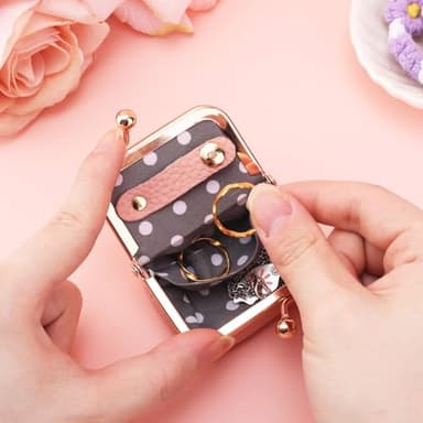 Genuine Leather Mini Jewelry Box, Mini Jewelry Travel Case, Small Portable Organizer Storage Pouch, Coin Purse with Kiss Lock for Ring Necklace Earrings Bracelet Perfect Gift for Women Girls (Pink) - Image 3