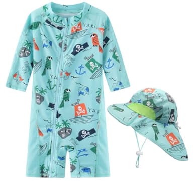 Toddler Baby Boys Swimsuit Rashguard One Piece Zipper Bathing Suit with Sun Hat Infant Swimwear Sunsuit UPF 50+（Pirate，18-24 Months） - Image 5