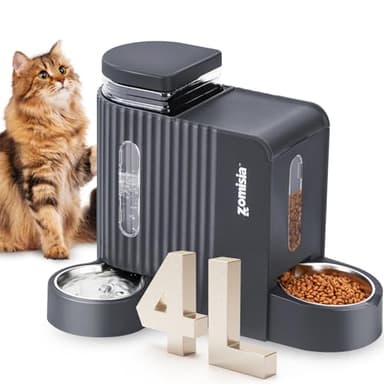 ZOMISIA Gravity Cat Food and Water Dispenser Set with 304 Stainless Steel Bowls, 2 in 1 Automatic Cat Feeder with 180 Degree Rotatable Water Bowl, Large Capacity for Puppy Kitten Rabbits, Grey - Image 1