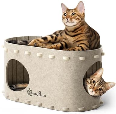 DownyPaws Cat House for Indoor Cats, Cat Bed Cave for Multiple & Large Cats Up to 22 Lbs, Scratch Resistant, Foldable Peekaboo Kitten Caves Tunnel Enclosed Bed, PeekaPurr, Cream - Image 1