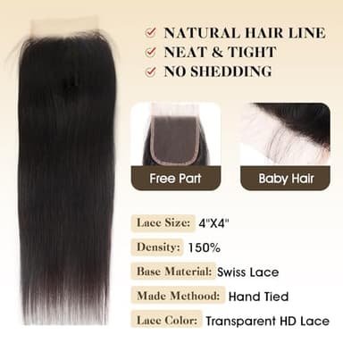 Human Hair Bundles with Closure Straight(22 24 26+20,Free Part) Closure with 3 Bundles Brazilian Virgin Hair 16A Extensions with Pre Plucked with Baby Hair 4X4 HD Lace Closure Natural Black Color - Image 5