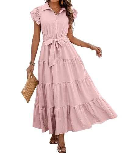 dowerme Women's Summer Dresses 2025 Cap Sleeve Button V Neck Tie Waist Pleated Tiered Loose Fit Boho Flowy Shirt Dress(Pink,Large) - Image 1