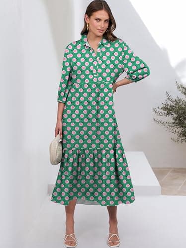 ANRABESS Women Summer Dress 2025 3/4 Puff Sleeve Polo V Neck Floral Print Casual Boho Shirt Maxi Dress Beach Vacation Clothes Floral Green X-Large - Image 2