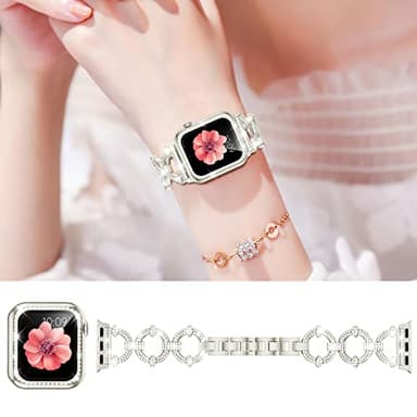 Mesime Compatible with Apple Watch Band 38mm 40mm 41mm 42mm 44mm 45mm , Women Girl Bling Diamond Jewelry Metal Strap Bands with Crystal Tempered Glass Screen Protector Case, Round Shiny Bracelet - Image 2