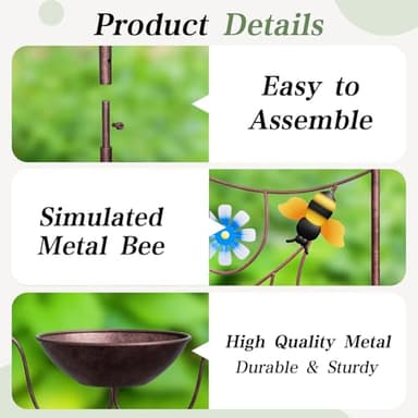 Glirops Bird Bath for Outside - Antique Iron Bird Bath with Trellis,Detachable Decorative Hummingbird Bowl,Metal Plant Support for Climbing Flowers,Elegant Outdoor Garden Feature (Honeybee) - Image 4