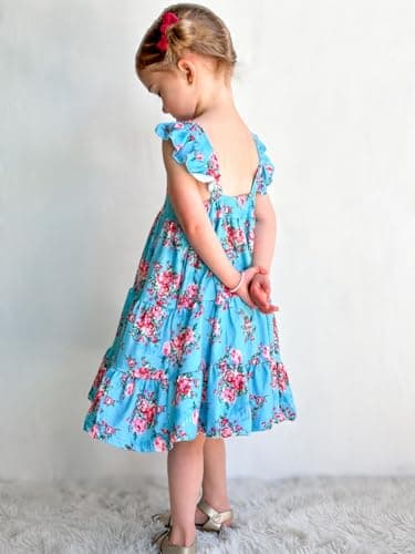 Girls Dresses Size 7 8 Sleeveless Floral Vintage Dress Swing Ruffle Sleeve Blue Sundresses for Girl - Image 6