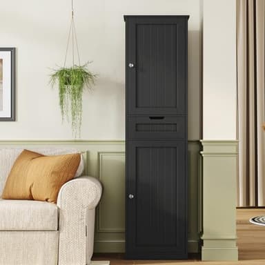 TEENFON 67" H Tall Storage Cabinet with 2 Doors and 1 Drawer, Narrow Black Cabinet with Adjustable Shelves, for Bathroom, Living Room, Entryway, Kitchen, Black - Image 6