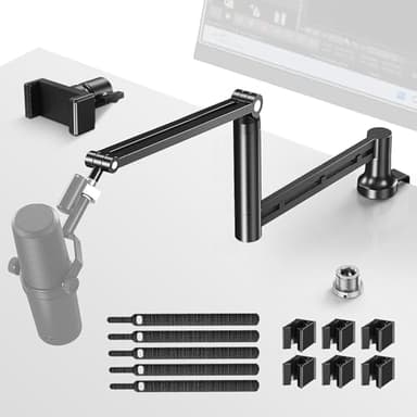 CreaDream Mic Boom Arm, Low Profile Microphone Arm Stand Desk Mount with Screw Adapter, Phone Holder, Detachable Rise Column, Cable Management, for Live Streaming, Gaming, Podcasting, Radio - Image 1