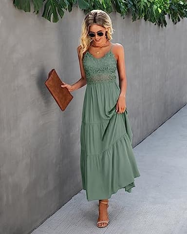 Dokuritu Women's Beach Crochet Lace Maxi Dress Wedding Guest Bridesmaid Cocktail Summer Spaghetti Strap Long Sage Green Dresses 2025(SproutGreen,L) - Image 6