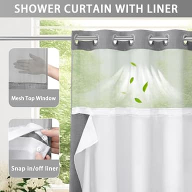 YellyHommy Stall No Hook Shower Curtain with Snap in Fabric Liner Set Less Time Grey Waffle Shower Curtain for Bathroom 75" L x 60" W - Image 3