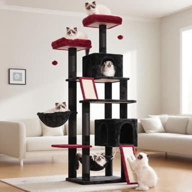 Gitelsnour Cat Tree for Indoor Cats, 71'' (180cm) Multi-Level Cat Tower for Large Adult, Gothic Sturdy Cat Tree House with 2 Scratching Boards 7 Posts, 2 Plush Perches/Condos, Hammock, Black GCT032BR - Image 1