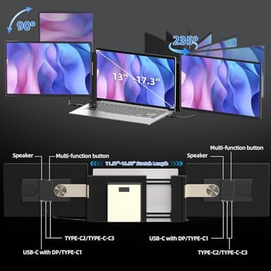 BKVOO Laptop Screen Extender 16-inch - Triple Laptop Monitor Extender Detachable FHD 1920x1200P IPS 235° Rotation Extra Portable Monitor Compatible with 13”-17” Mac Wins Dex Chrome - Image 4
