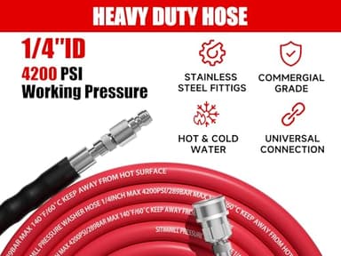 SITIMIMIL Pressure Washer Hose 50FT 1/4'' with Steel Wire Braided Pressure Washing Hose 4200 PSI Wear Resistant with Swivel 3/8" Stainless Steel Quick Connect for Power Washer and Hot/Cold Water - Image 3