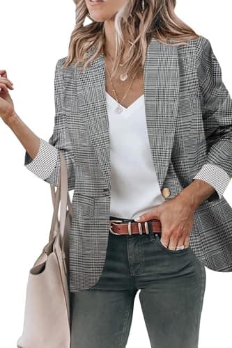Genhoo Womens Long Sleeve Lightweight Office Work Suit Jacket Boyfriend Blazer M Black White Plaid - Image 1
