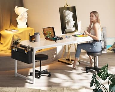 ODK Computer Desk Large Office Desk, 63 Inch Gaming Desk with Storage, Modern PC Work Table with Headphone Hook for Home Office, Splice Board, White + White Leg - Image 7