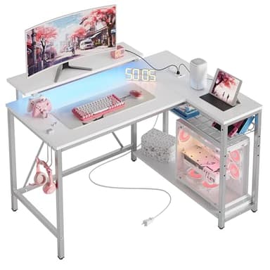 Bestier White Computer Desk with Charging Port & LED Strip,42 inch Modern Gaming Desk with Reversible Storage Shelves,Small L Shaped Desk with Hooks for Home Office - Image 1