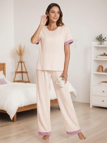 POKWAI 2024 Womens Pajama Sets Short Sleeve Top with Pants Soft Pj Women Pajamas Summer Pajamas for Women(Apricot,Large) - Image 2