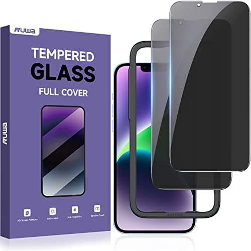 ruwa Privacy Screen Protector for iPhone 13/13 Pro/14/16e [2-Pack][6.1 Inch] Display Tempered Glass Film with Easy Installation Frame, Ultra HD, 9H Hardness, Scratch Resistant, Case Friendly - Image 1