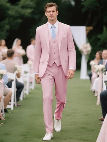 MAGE MALE Mens Two Button 3-Piece Suits Slim Fit Tuxedo Set with Blazer Jacket Vest & Pants for Wedding Prom Business Light Pink - Image 2