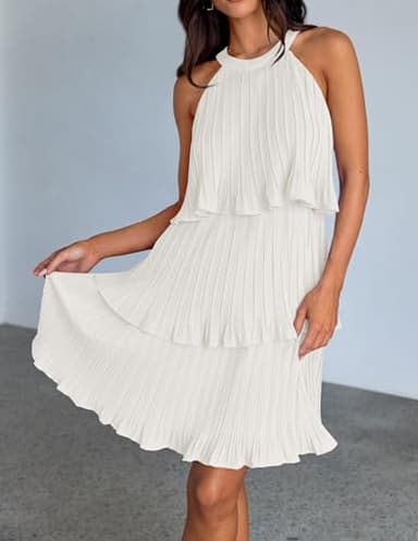 ZESICA Women's 2025 Summer Halter Dresses Sleeveless Ruffle Tiered Layered Chiffon Pleated A Line Swing Mini Dress,White,X-Large - Image 3