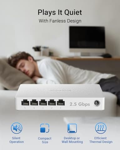 BrosTrend 5 Port 2.5GB Switch, Unmanaged Ethernet Switch for Game Console, PC, NAS, etc. 2.5 Gigabit Network Switch Fanless Plug & Play, Multi-Gigabit Switch, Desktop / Wall Mount, Lifetime Protection - Image 6