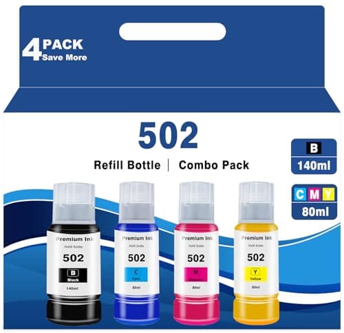 502 High Colour Accuracy Ink Bottles Replacement for Epson T502 522 for Refill Ecotank 2850 3850 15000 4850 4800 2400 4750 3760 3700 2760 2700 3830 4760 ST-4000 3000 2000 Printer BK C M Y 4 Bottles - Image 1