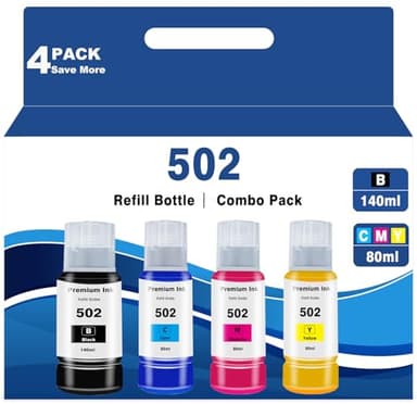 502 High Colour Accuracy Ink Bottles Replacement for Epson T502 522 for Refill Ecotank 2850 3850 15000 4850 4800 2400 4750 3760 3700 2760 2700 3830 4760 ST-4000 3000 2000 Printer BK C M Y 4 Bottles - Image 1