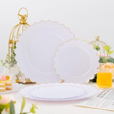 LIYH 120 Pcs White Plastic Plates Wedding Plates Disposable Heavy Duty Scalloped Plastic Plate Includes: 60 Dinner 10.25" & 60 Dessert Plate 7.5" Elegant Gold Rim Suitable for Bridal Shower Party - Image 3